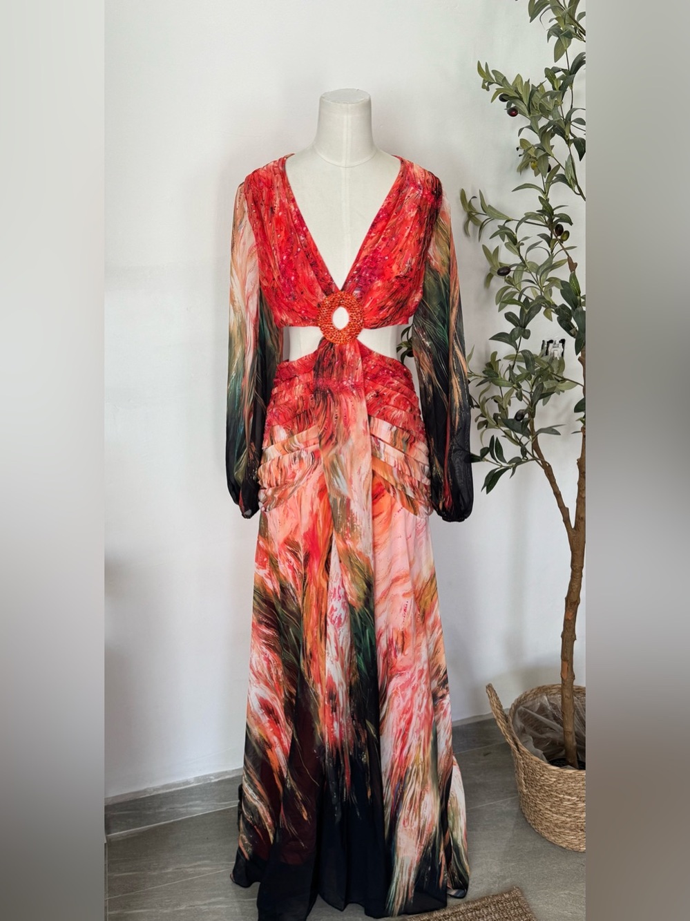 BANJUL Abstract Print Cutout Maxi Dress Long Sleeve Rhinestone Ring Resort Glam